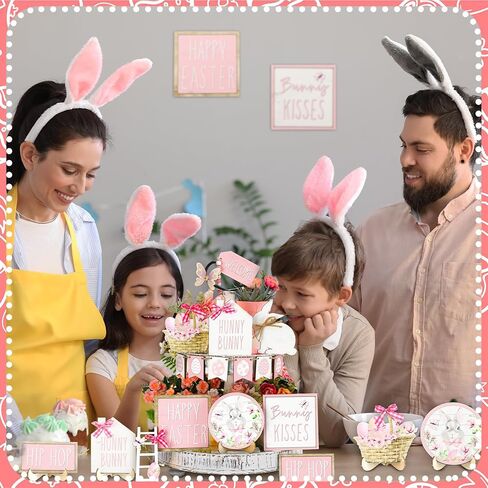 Bucherry 15 Pcs Easter Tiered Tray Decor Set Pink Happy Easter Wooden Tiered Tray Decorations Bunny Egg Flower Table Signs Rustic Tabletop Centerpiece for Spring Party Shelf Office Home Decor in Saudi Arabia