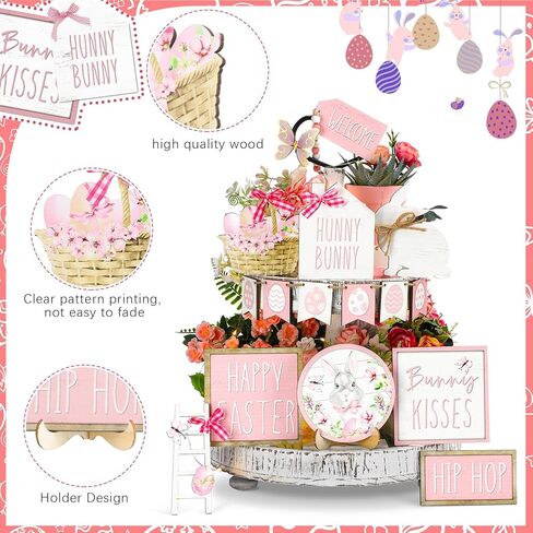 Bucherry 15 Pcs Easter Tiered Tray Decor Set Pink Happy Easter Wooden Tiered Tray Decorations Bunny Egg Flower Table Signs Rustic Tabletop Centerpiece for Spring Party Shelf Office Home Decor in Saudi Arabia