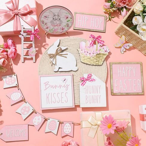 Bucherry 15 Pcs Easter Tiered Tray Decor Set Pink Happy Easter Wooden Tiered Tray Decorations Bunny Egg Flower Table Signs Rustic Tabletop Centerpiece for Spring Party Shelf Office Home Decor in Saudi Arabia