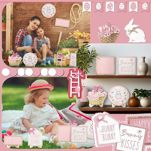 Bucherry 15 Pcs Easter Tiered Tray Decor Set Pink Happy Easter Wooden Tiered Tray Decorations Bunny Egg Flower Table Signs Rustic Tabletop Centerpiece for Spring Party Shelf Office Home Decor in Saudi Arabia