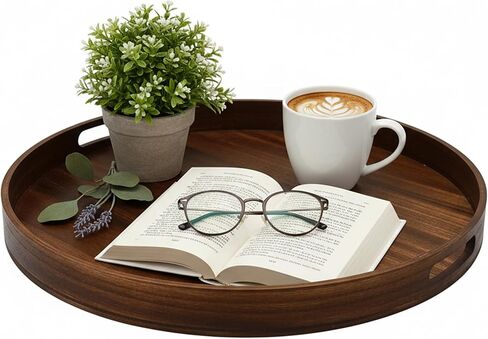 صواني طاولة قهوة خشبية مستديرة كبيرة مقاس 20 بوصة - طبق تقديم عثماني متعدد الوظائف لديكور المنزل باللون الأسود المتفحم in Kuwait