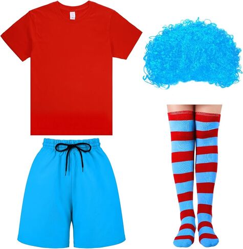 4 Pcs Boys Red and Blue Costume Set, Red T shirt, Lake Blue Pants, Wig, Striped Stocking for Party Cosplay in Saudi Arabia