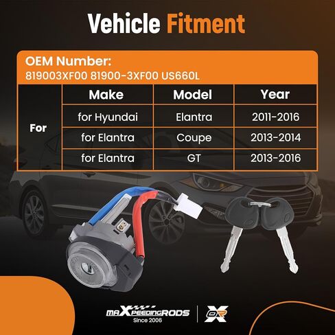مجموعة أسطوانة القفل ومفتاح الإشعال من maxpeedingrods تناسب Hyundai Elantra 2011-2016 Elantra GT 2013-2016 Elantra Coupe 2013-2014#Replace 819003XF00 81900-3XF00 US660L (مع مفتاحين) in Kuwait
