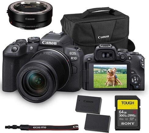 كاميرا Canon EOS R10 بدون مرآة - كاميرا APS-C صغيرة الحجم مثبتة بتردد الراديو مع مستشعر 24.2 ميجابكسل وفيديو 4K وDual Pixel CMOS AF II (5331C002) + محول Canon EF-EOS R + بطاقة ذاكرة سعة 64 جيجابايت + بطارية LP-E17 + المزيد in Saudi Arabia
