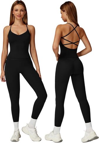 ABOCIW Womens 2 Piece Workout Sets Strappy Crop Tank Corssover High Waist Leggings with Poacket Gym Set Yoga Outfits in Saudi Arabia