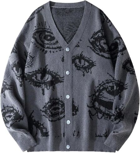 سترة رجالي من WDIRARA بتصميم Eye Graphic Cardigan البلوزات القوطي الشرير بأزرار سفلية ورقبة على شكل حرف V وأكمام طويلة ملابس خارجية متماسكة in Saudi Arabia