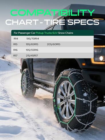 YHTAUTO Set of 2 Snow Chains 12MM Fit 195/70R14 195/65R15 205/60R15 195/55R16 215/45R17 Pickup Truck SUV Passenger Car Tire Chains Auto-Tightening Quick Installation, Anti-slip Traction in Saudi Arabia