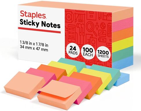 Staples Sticky Notes - 1 3/8" x 1 7/8" Small Post-it Pads, 100 Sheets, 24 Pads/Pack for Organizing and Reminders in Kuwait