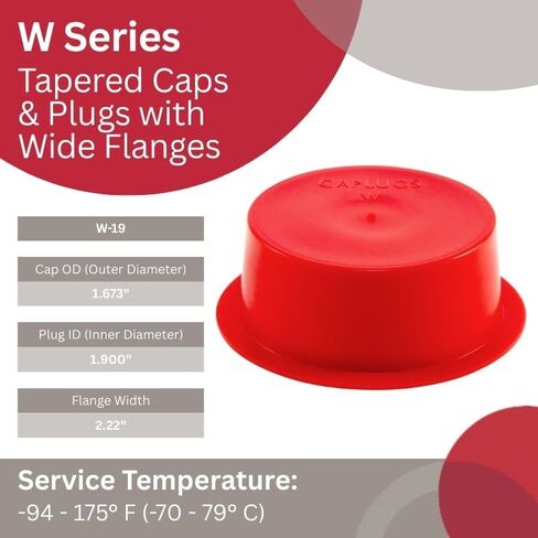 Caplugs Plastic Tapered Cap and Plug with Wide Flange W-19, PE-LD, Cap OD 1.673" Plug ID 1.900", Red (Pack of 40) in Kuwait