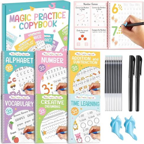 chiazllta 6 Pack Magic Grooved Writing Practice Books with Disappearing Ink Pens Reusable Magical Handwriting Workbooks for Kids Calligraphy Practice Books for Preschool Kindergarten Kids Ages 3-8 in Saudi Arabia