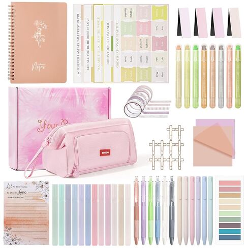 MoKo Bible Journaling Kit, 58Pcs Bible Study Supplies with Pencil Case, Highlighters, Pens, Tabs, Notebook, Study Kit for Mother's Day Gift, Christian Gifts in Saudi Arabia