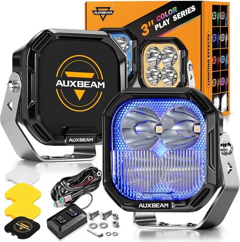 Auxbeam 3 Inch RGBW LED Pod Lights, 116W Off Road Light 7 RGB Color Dynamic Gradient Cycle, Spot Flood Combo Beam Driving Light with Amber & White & Black Covers Ditch Fog Lights for Truck ATV UTV in Saudi Arabia