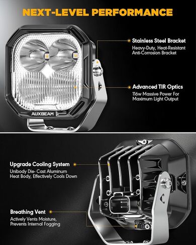 Auxbeam 3 Inch RGBW LED Pod Lights, 116W Off Road Light 7 RGB Color Dynamic Gradient Cycle, Spot Flood Combo Beam Driving Light with Amber & White & Black Covers Ditch Fog Lights for Truck ATV UTV in Saudi Arabia