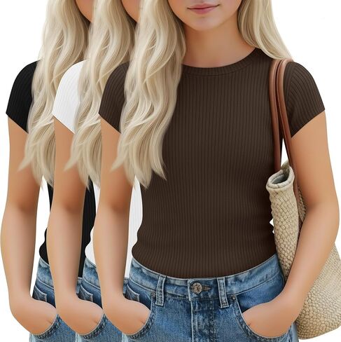3 Pack Girl's Cap Sleeve Tops Ribbed Crew Neck T-Shirt Fitted Short Sleeve Shirts Kids Summer Casual Basic Tees in Saudi Arabia