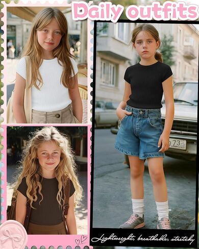 3 Pack Girl's Cap Sleeve Tops Ribbed Crew Neck T-Shirt Fitted Short Sleeve Shirts Kids Summer Casual Basic Tees in Saudi Arabia