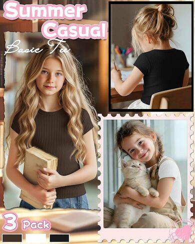 3 Pack Girl's Cap Sleeve Tops Ribbed Crew Neck T-Shirt Fitted Short Sleeve Shirts Kids Summer Casual Basic Tees in Saudi Arabia