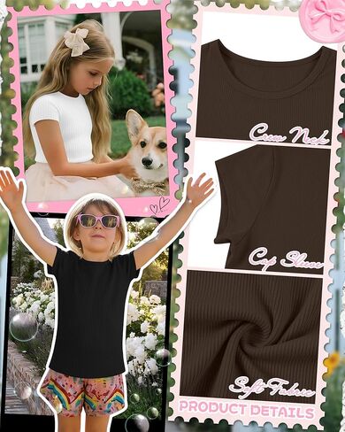 3 Pack Girl's Cap Sleeve Tops Ribbed Crew Neck T-Shirt Fitted Short Sleeve Shirts Kids Summer Casual Basic Tees in Saudi Arabia