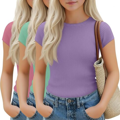3 Pack Girl's Cap Sleeve Tops Ribbed Crew Neck T-Shirt Fitted Short Sleeve Shirts Kids Summer Casual Basic Tees in Saudi Arabia