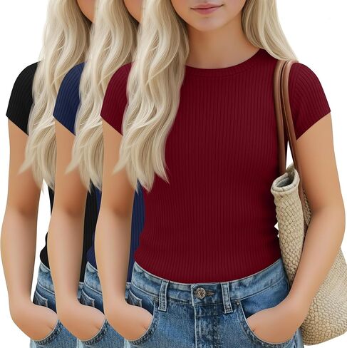 3 Pack Girl's Cap Sleeve Tops Ribbed Crew Neck T-Shirt Fitted Short Sleeve Shirts Kids Summer Casual Basic Tees in Saudi Arabia