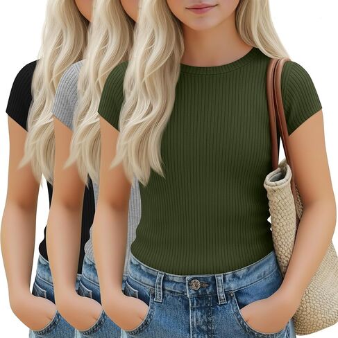 3 Pack Girl's Cap Sleeve Tops Ribbed Crew Neck T-Shirt Fitted Short Sleeve Shirts Kids Summer Casual Basic Tees in Saudi Arabia