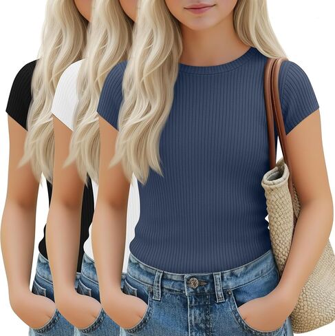 3 Pack Girl's Cap Sleeve Tops Ribbed Crew Neck T-Shirt Fitted Short Sleeve Shirts Kids Summer Casual Basic Tees in Saudi Arabia