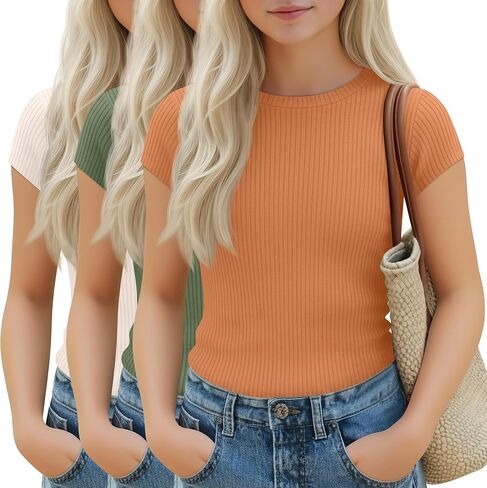 3 Pack Girl's Cap Sleeve Tops Ribbed Crew Neck T-Shirt Fitted Short Sleeve Shirts Kids Summer Casual Basic Tees in Saudi Arabia