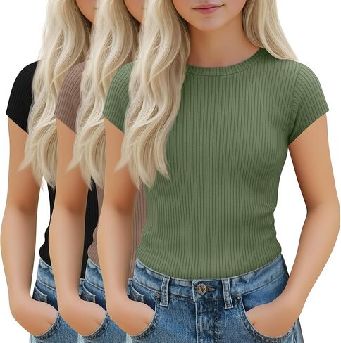 3 Pack Girl's Cap Sleeve Tops Ribbed Crew Neck T-Shirt Fitted Short Sleeve Shirts Kids Summer Casual Basic Tees in Saudi Arabia