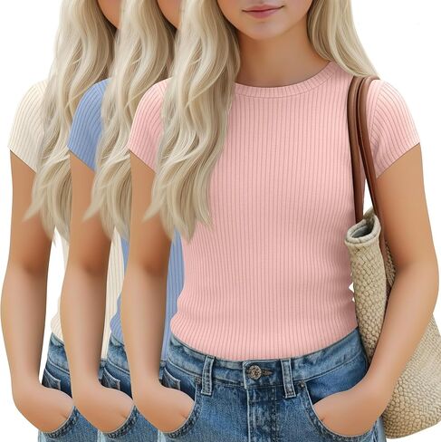 3 Pack Girl's Cap Sleeve Tops Ribbed Crew Neck T-Shirt Fitted Short Sleeve Shirts Kids Summer Casual Basic Tees in Saudi Arabia