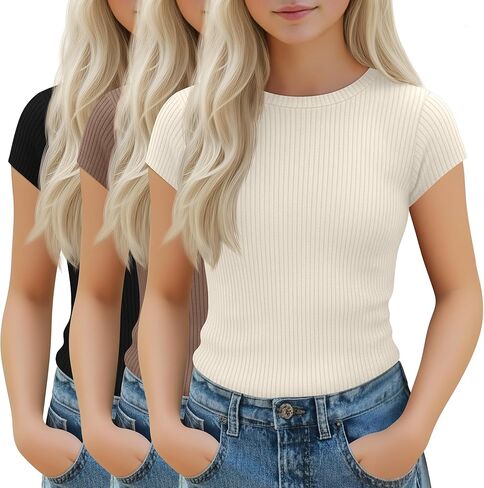 3 Pack Girl's Cap Sleeve Tops Ribbed Crew Neck T-Shirt Fitted Short Sleeve Shirts Kids Summer Casual Basic Tees in Saudi Arabia