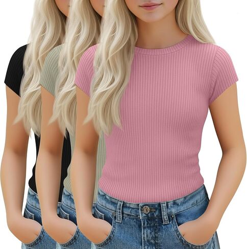 3 Pack Girl's Cap Sleeve Tops Ribbed Crew Neck T-Shirt Fitted Short Sleeve Shirts Kids Summer Casual Basic Tees in Saudi Arabia