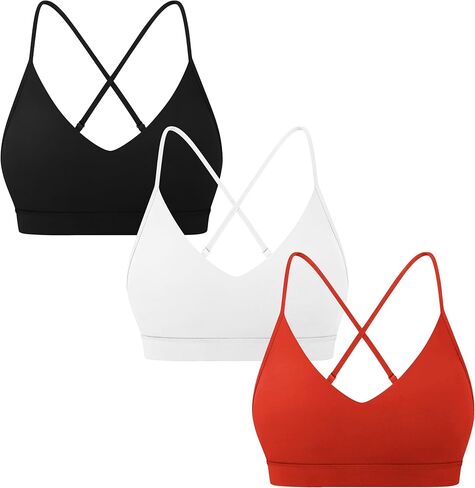 3 قطع من حمالات الصدر الرياضية المبطنة برقبة على شكل حرف V للنساء - توب يوجا بأشرطة رفيعة قابلة للتعديل in Kuwait