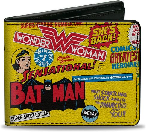 محفظة Buckle-Down DC Comics، ثنائية الطي، مجموعة الذكرى السنوية للبطل الخارق من Justice League باللون الأصفر، جلد نباتي in Saudi Arabia