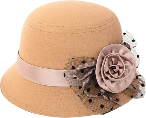 Women Bowler Hats Flower Decor Cloche Wide Brim Fedora Bucket Hat Vintage Elegant Church Hats for Wedding Party Festival in Saudi Arabia