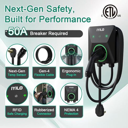 شاحن EV المستوى 2 40 أمبير NEMA 14-50P، معتمد من Energy Star وETL. محطة شحن السيارات الكهربائية 240 فولت. مستشعرات درجة الحرارة المزدوجة في التوصيل والموصل لسلامة المركبات الكهربائية. واي فاي، رفيد، J1772، كابل 25FT in Kuwait