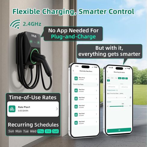 شاحن EV المستوى 2 40 أمبير NEMA 14-50P، معتمد من Energy Star وETL. محطة شحن السيارات الكهربائية 240 فولت. مستشعرات درجة الحرارة المزدوجة في التوصيل والموصل لسلامة المركبات الكهربائية. واي فاي، رفيد، J1772، كابل 25FT in Kuwait
