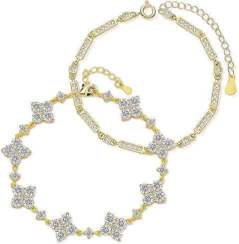 14K Gold Plated Bracelet Set for Women 2Pcs Personalized Stackable Square and Clover Bracelet Adjustable Cubic Zirconia Tennis Bracelet Set Trendy Gifts for Women in Saudi Arabia