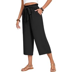 Aodemo Women's Plus Size Capri Pants Wide Leg High Waist Adjustable Tie Knot Pants Casual Palazzo Pants Trousers with Pockets 3XL, Black in Kuwait