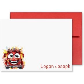 KAI KAI MARKET | Cute Fire Truck 2 | Personalized Stationery | Flat Note Cards and Envelopes | Kids | Thank You Cards | in Saudi Arabia