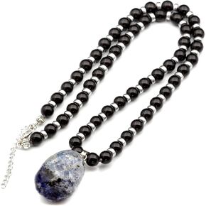 Natural Raw & Tumbled Crystal Pendant Necklace | Handmade Genuine Gemstone Jewelry with Black Onyx Beads & Hematite Spacers | Adjustable Unisex Statement Necklace Gift in Kuwait