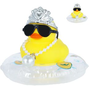 1pcs Duckeys Rubber Duck with Crown, Sunglasses, Pearl Necklace & Swim Ring - Funny Car Dashboard Decorations, Squeaky Stress Relief Toy for Office Home Gift (Yellow) in Kuwait
