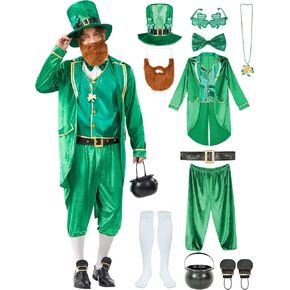 Leprechaun Costume Men Adult St. Patrick’s Day 11PCS Green Irish Tailcoat Suit Outfit for Festival Party & Halloween in Kuwait