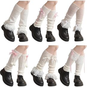 Cuffbow 6 Pairs Lolita Leg Warmers Knit White Cutecore Kawaii Leg Warmers with Bow and Lace Cute Japanese Knee High Socks Y2k Lolita Accessories for Women in Kuwait
