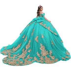 Mouccy Luxury Gold Applique Quinceanera Dresses with Bow Bead Tulle Sweet 16 Dress Off Shoulder Prom Dresses Long Ball Gown in Saudi Arabia