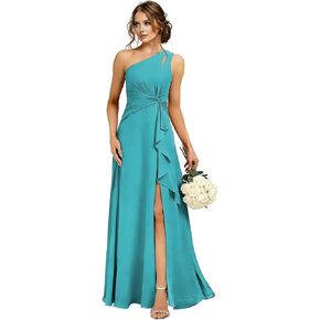 فساتين وصيفة الشرف من الشيفون بكتف واحد مع فتحة طويلة وكشكشة فستان حفلة رسمية مع جيب in Kuwait