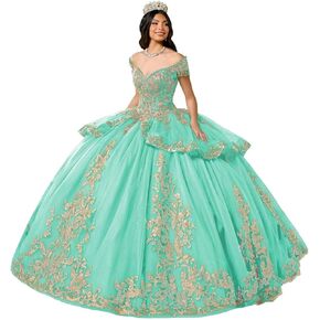 فستان Quinceanera من التول اللامع مع قطار فاخر شرابة حلوة 15 16 فستان مع فيونكة قابلة للفصل فستان مطرز بالخرز الذهبي in Saudi Arabia
