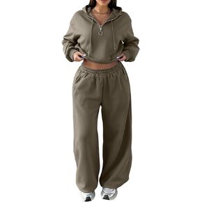 Two Piece Tracksuit Set for Women Cropped Pullover Zip Up Hoodie Drawstring Wide Leg Sweatpants Casual Trendy Sweatsuit Sets in Saudi Arabia