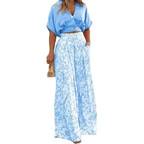 Spring Summer 2 Piece Sets for Women Casual Short Sleeve V Neck Tops Wide Leg Pants Matching Set Business Suits in Saudi Arabia