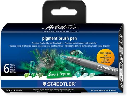 STAEDTLER Pigment Arts Brush Pen, Brush Green & Turquise, Pack of 6 Pens, 371 C6-3 in Kuwait
