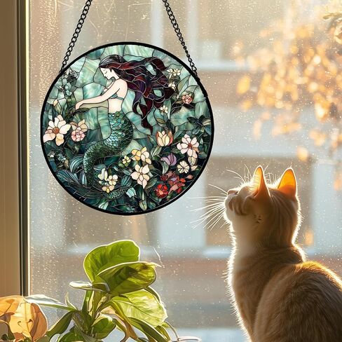 نافذة زجاجية ملونة معلقة - حورية البحر النائمة Suncatcher لباب الشرفة والحديقة ديكور المنزل، بحر من الزهور هدايا عيد ميلاد لعشاق النساء والرجال والأب والأم نانا 7.8 بوصة in Kuwait