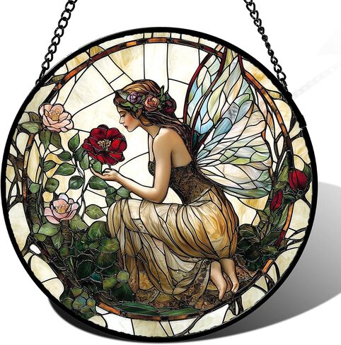 نافذة زجاجية ملونة معلقة - حورية البحر النائمة Suncatcher لباب الشرفة والحديقة ديكور المنزل، بحر من الزهور هدايا عيد ميلاد لعشاق النساء والرجال والأب والأم نانا 7.8 بوصة in Kuwait